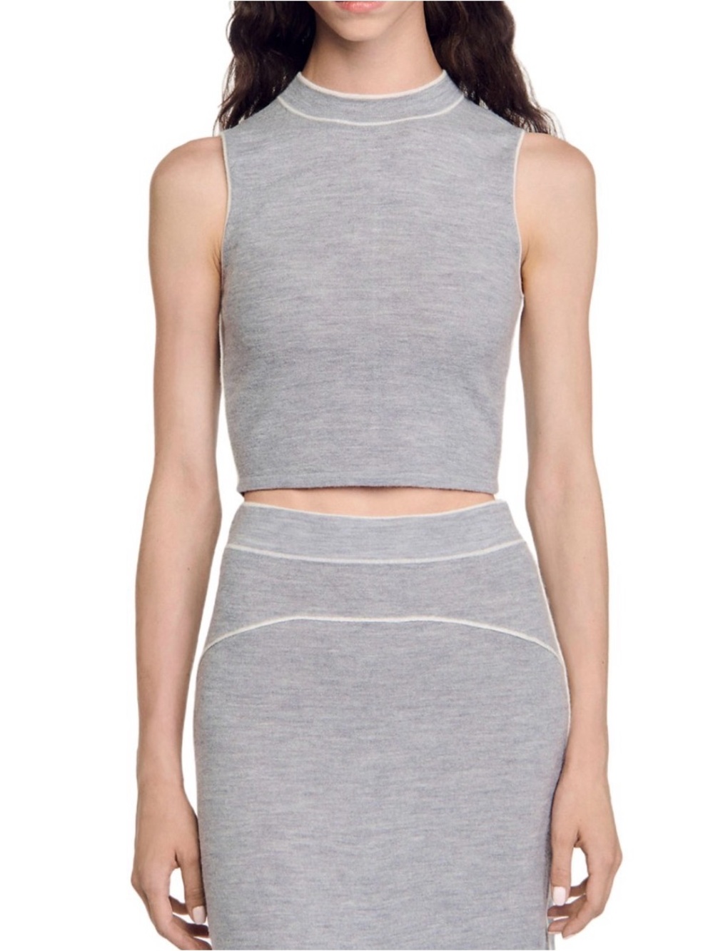 Sandro 100% Wool Mock Neck Tank Top - Light Heather Gray & Cream